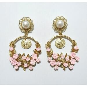 Mia Collection Gold Tone Pearl Pink Rose‎ Dangling Coin Disc Chandelier Earrings
